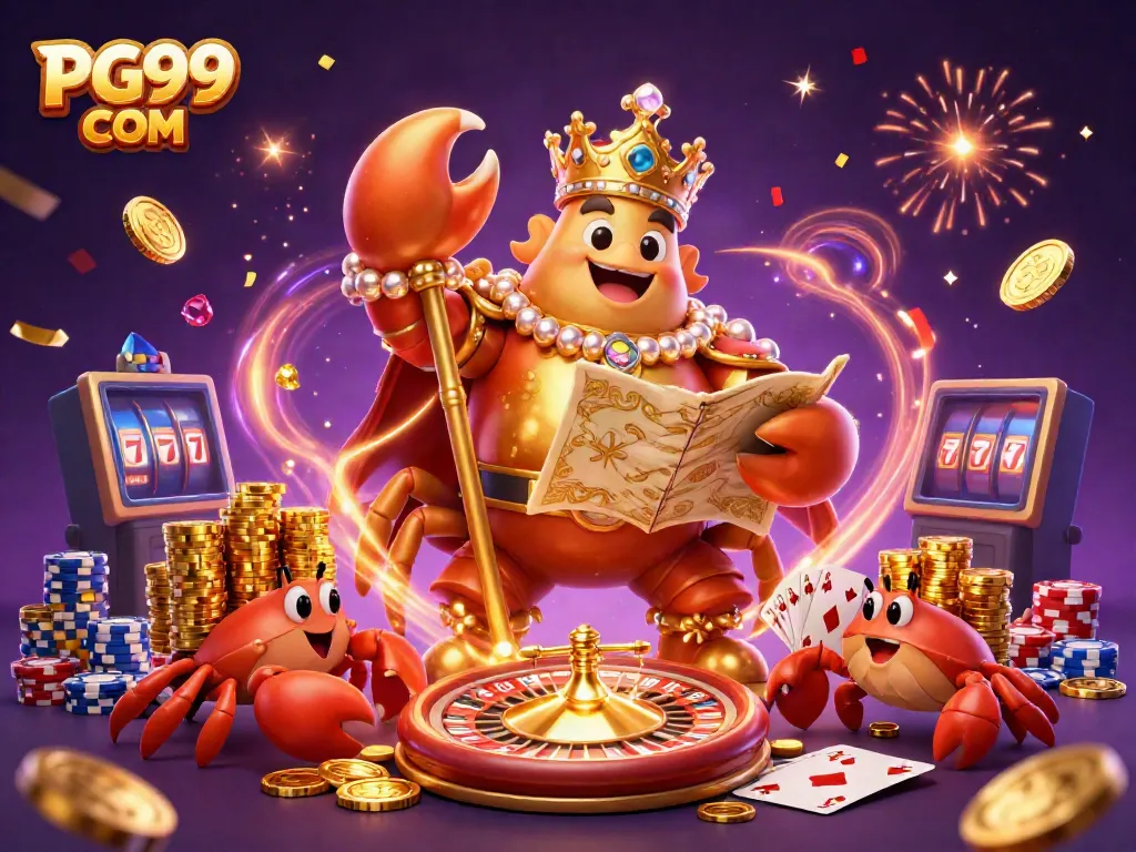 Experience the excitement of PG99 COM with a golden crab emperor scepter in a vibrant casino scene.