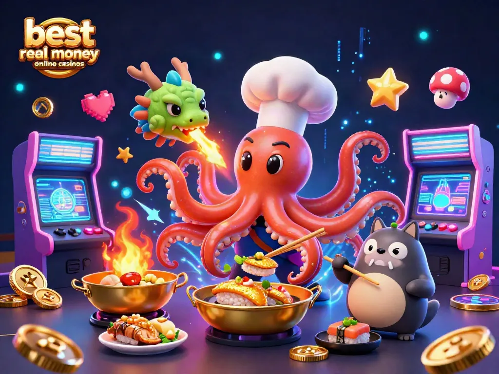 Play at the best real money online casinos with vibrant cartoon characters in a rich casino scene.