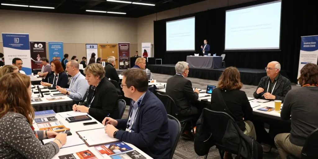 Engaged exhibitors sharing insights at a conference on Expositores topics.