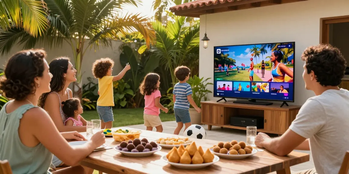Família brasileira se divertindo com bestbraziliptv ao ar livre, ambiente alegre e tropical.