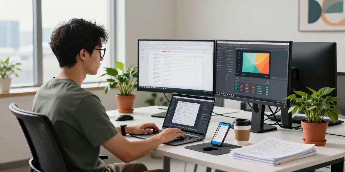 WPS Official Website - Engaging workspace scene with a professional working on dual monitors showcasing productivity and tech tools.