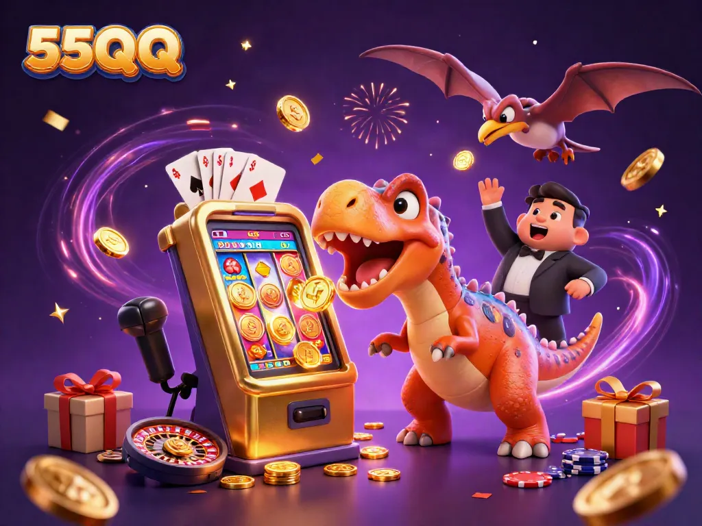 Engage with 55QQ's vibrant casino scene featuring cartoon dinosaurs and jackpot-winning actions.