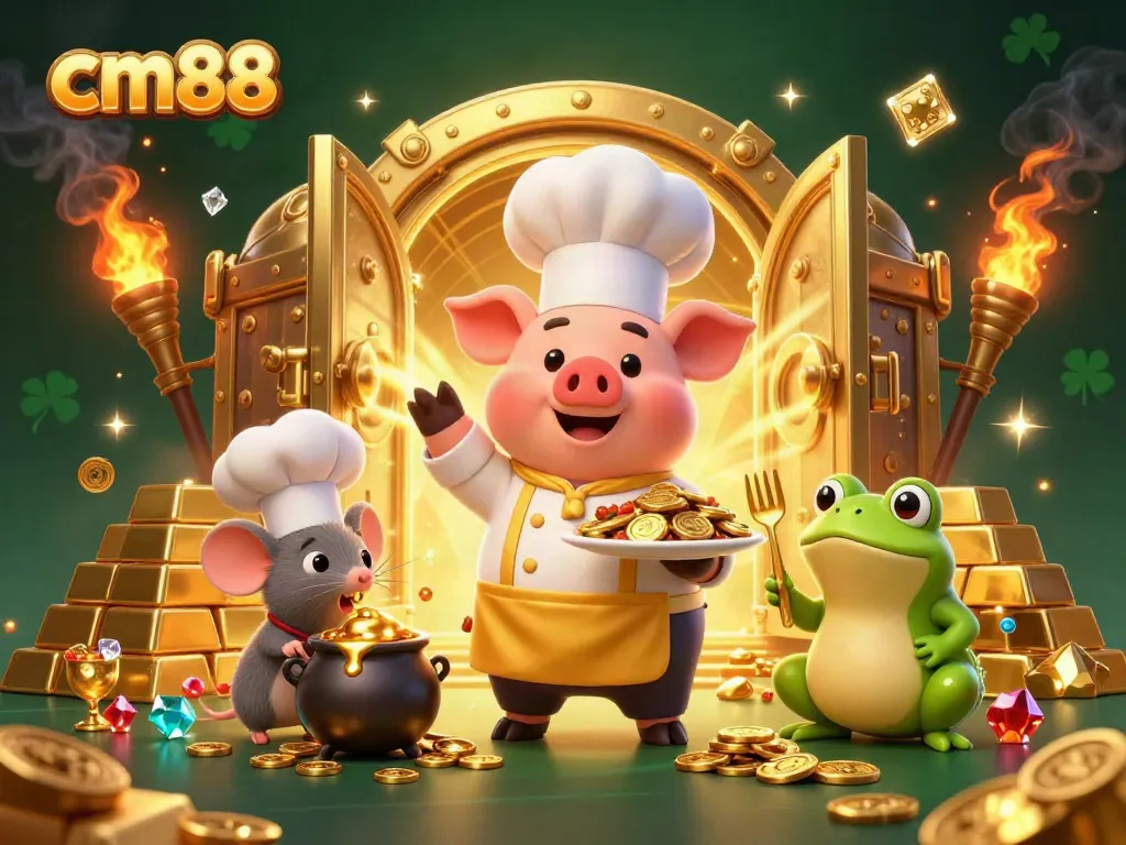 Experience the excitement at cm88 with a cartoon chef serving gold coins in a vibrant casino setting.