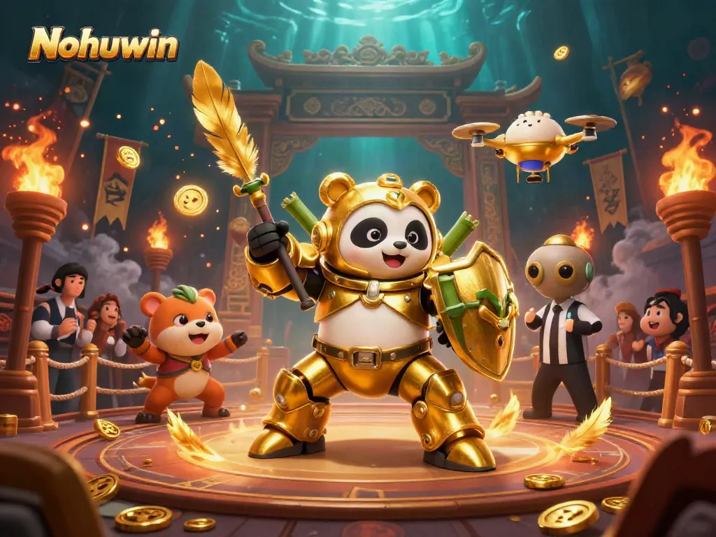 Nohuwin showcases a vibrant casino arena with a golden panda robot and exciting gambling elements.