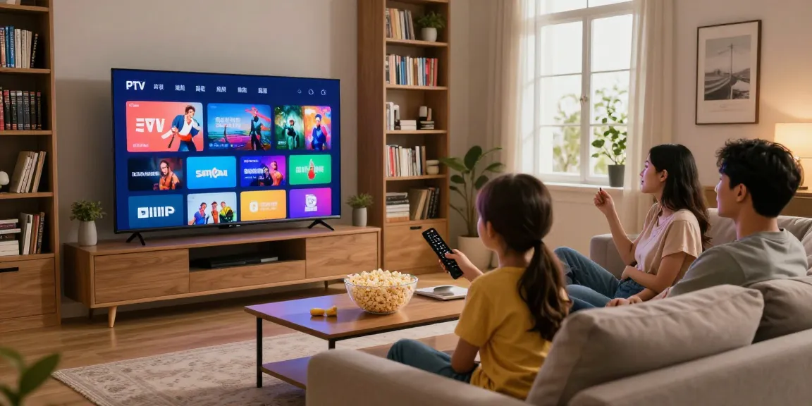 Família assistindo IPTV na sala de estar, tela cheia de opções de streaming.