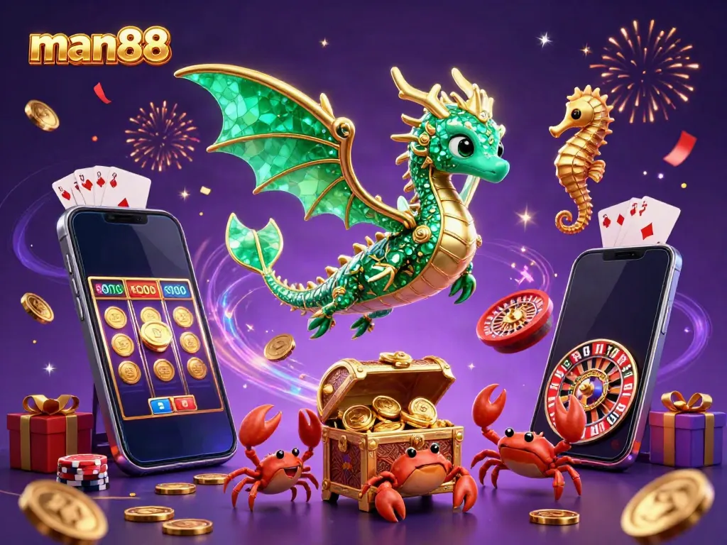 Experience the thrill of man88 with a vibrant illustration featuring a colorful sea dragon, gaming elements, and excitement.