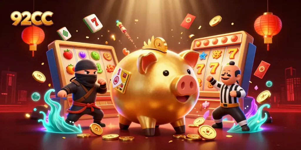 Engage with 92CC and immerse in this vibrant slots-themed casino scene filled with action and excitement.