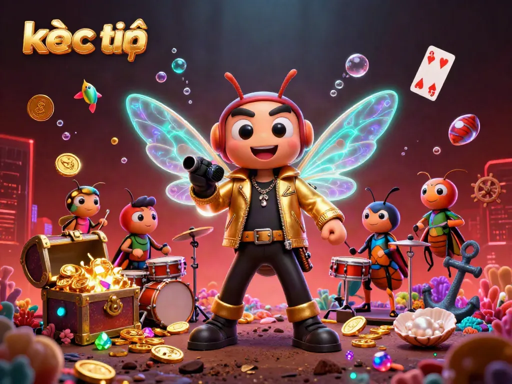 Watch the energetic scene of kèo trực tuyến featuring a cicada rock star, beetle drummer, and crickets, framed by gold coins and underwater treasure.