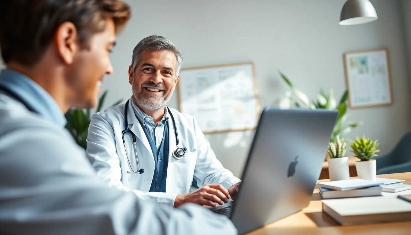 Engaging in a same day online doctor visit, a doctor consults via laptop in a warm, professional environment.