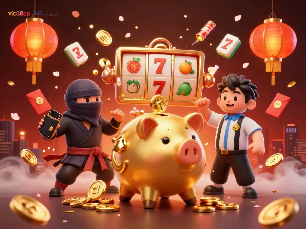 Experience the excitement of vic88cp with a golden piggy bank sumo wrestler and ninja characters celebrating with dynamic casino elements.