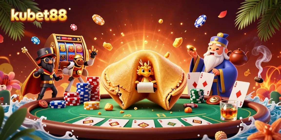 Experience thrilling gameplay at kubet88 with a giant fortune cookie scene showcasing vibrant casino elements.