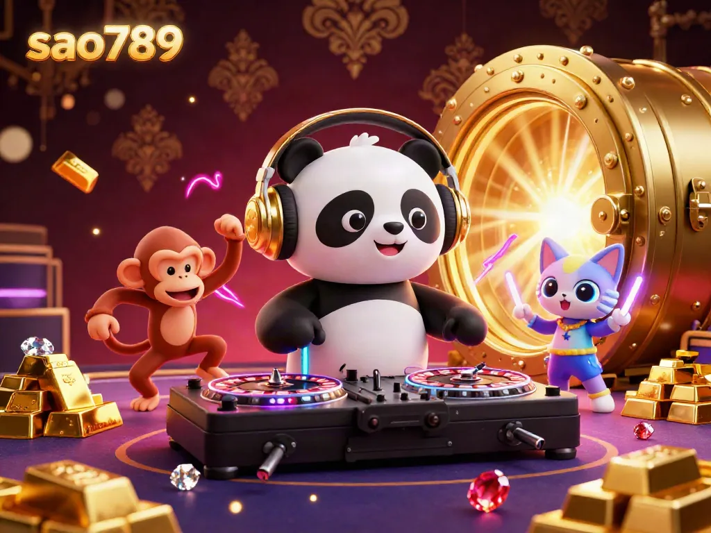 Sao789 showcases a vibrant 3D casino scene with lively characters DJing, dancing, and celebrating winnings.