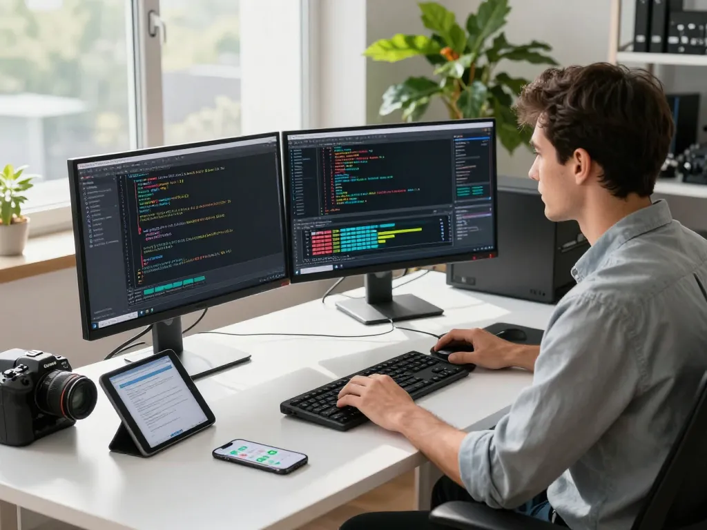 Engenheiro otimizando o desempenho do minerador ASIC em https://vnish.net.br/ em várias telas exibindo firmware de mineração em um ambiente de trabalho moderno.