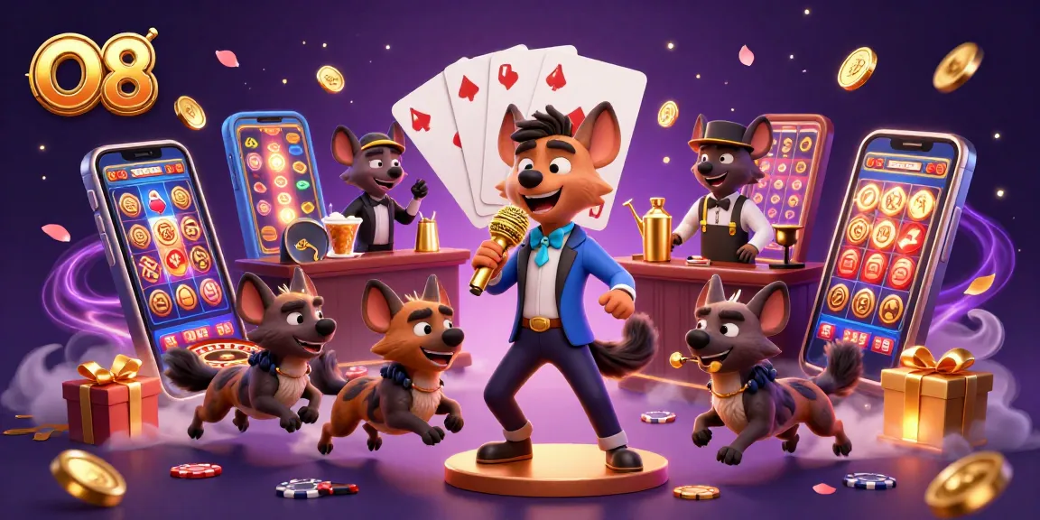 Engage with O8's lively comedy casino scene featuring hyenas at a bar, comedian, and games.
