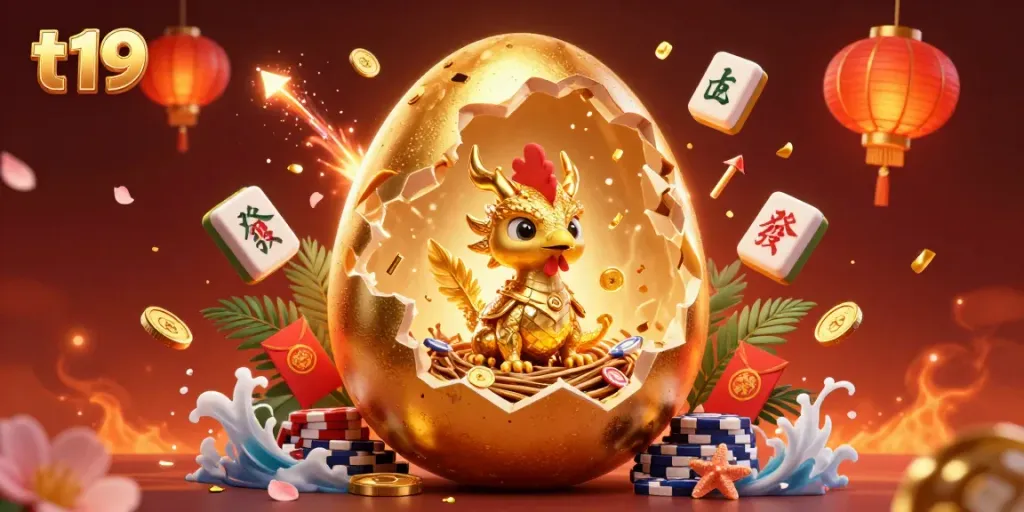 Experience exciting games at t19 with this vibrant casino scene of a golden dragon and poker chips.