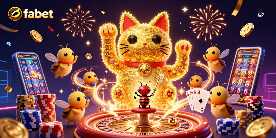 Experience vibrant entertainment with fabet's lucky cat illustration amid dynamic casino symbols and golden treasures.