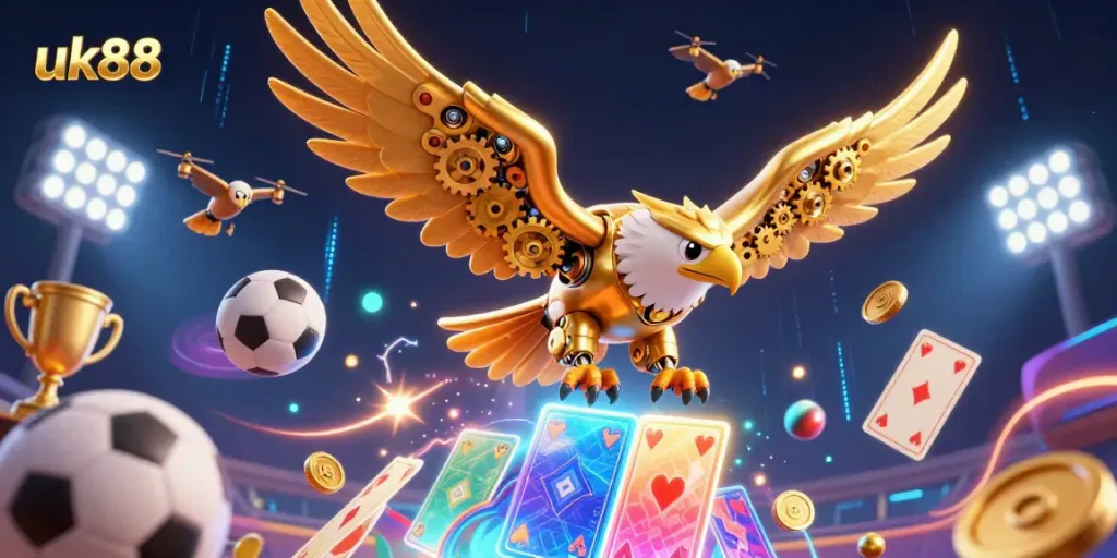 Experience the excitement of uk88 with a dynamic 3D illustration featuring a cybernetic eagle amidst vibrant sports elements.