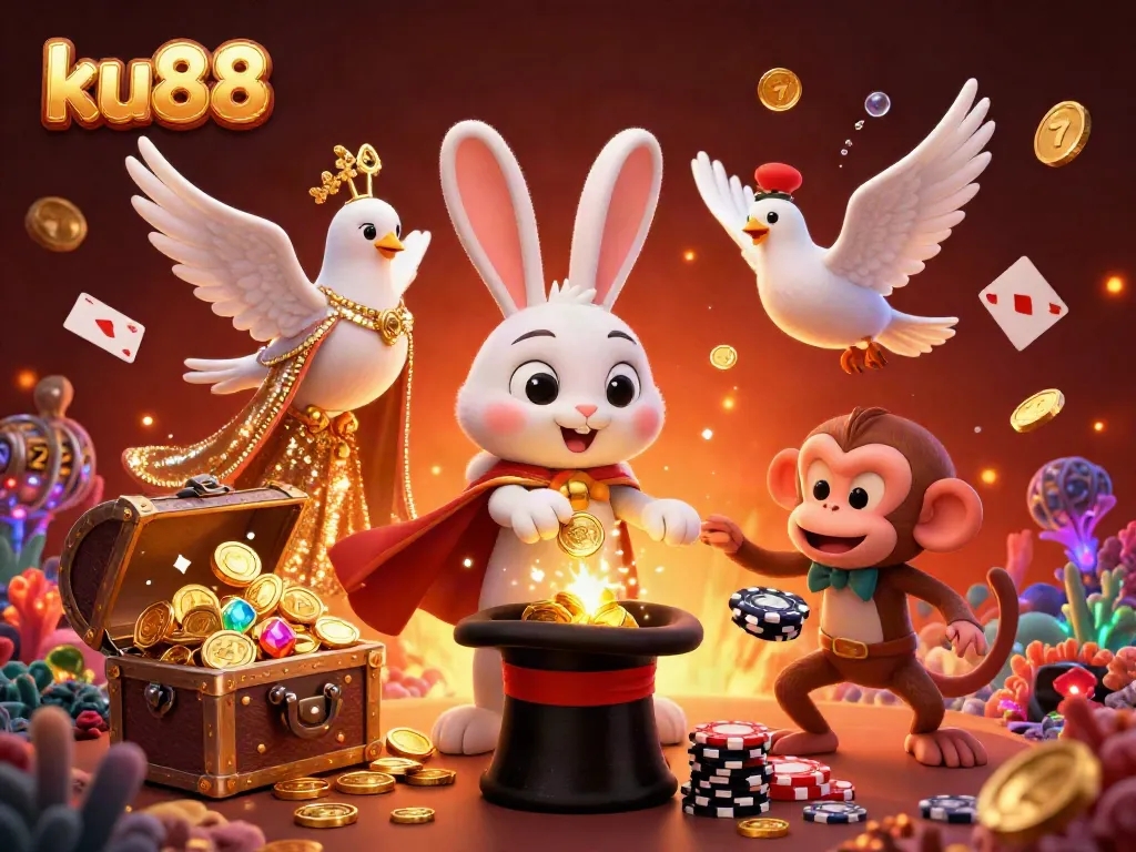 ku88 offers a magical casino experience featuring a playful rabbit, dove, and monkey in a vibrant scene.