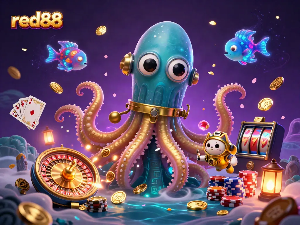 Cascade of winning coins and colorful chips surround red88's kraken and diving cat in an exciting casino scene.