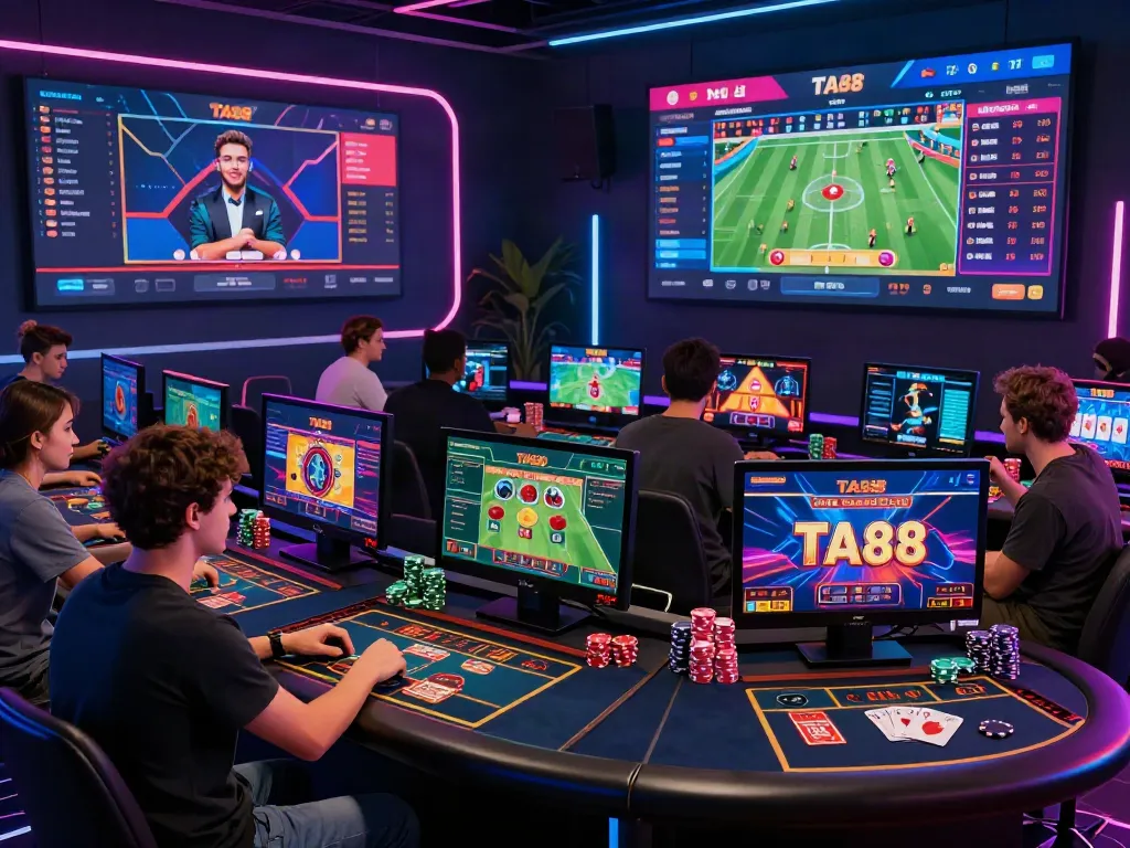 Exciting TA88 online gambling scene with diverse players engaged in various games and sports betting.