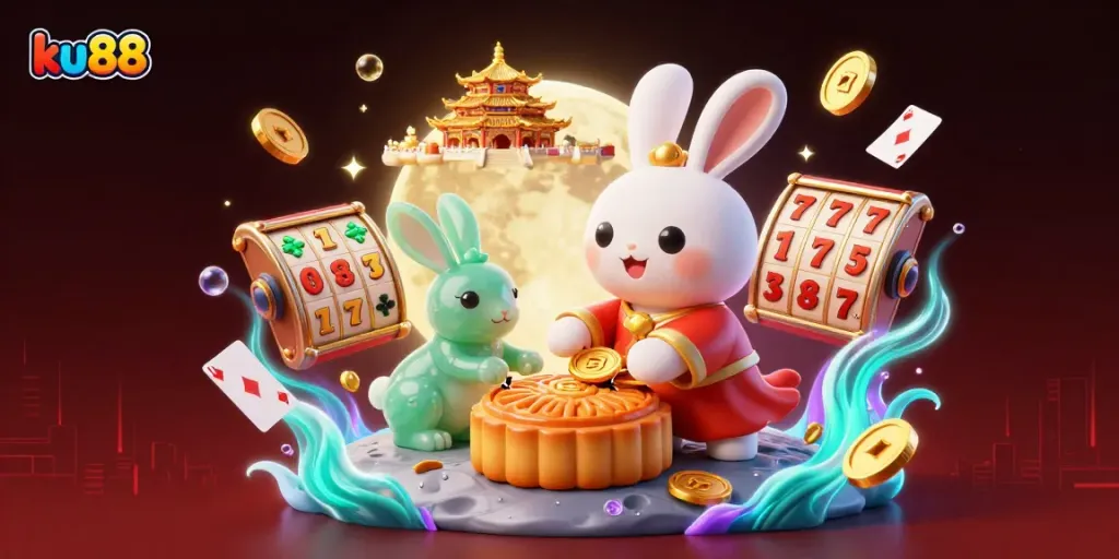ku88 features a vibrant scene with a moon rabbit and poker chips, illustrating an engaging casino experience