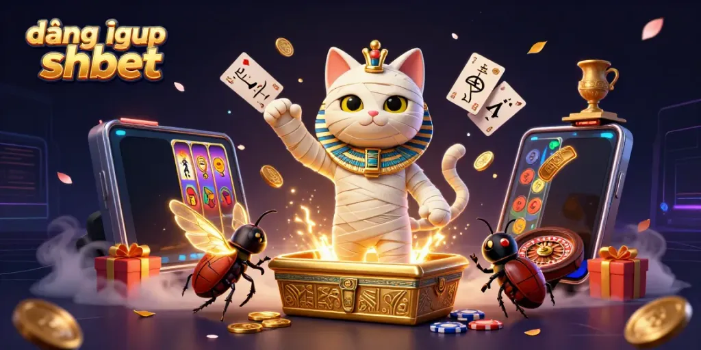 Engage in thrilling gaming moments with đăng nhập shbet, featuring a playful mummy cat and casino elements.