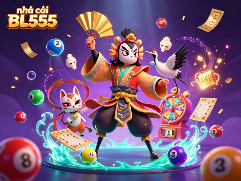 Engage with nhà cái BL555 through vibrant lottery and bingo elements in a captivating illustration.