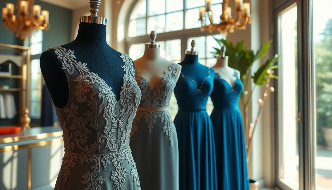 Dresses Manufacturer showcasing elegantly designed dresses in a luxurious boutique setting.