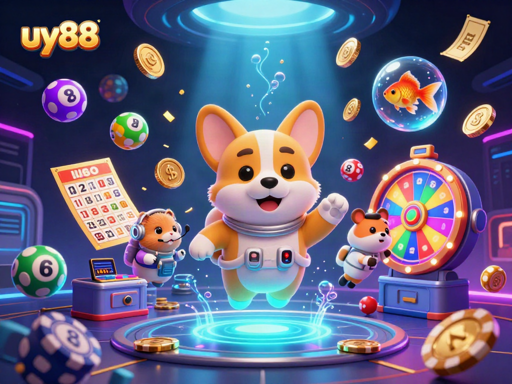 Watch the 3D space-themed casino action at uy88 featuring colorful lottery balls and dynamic characters.