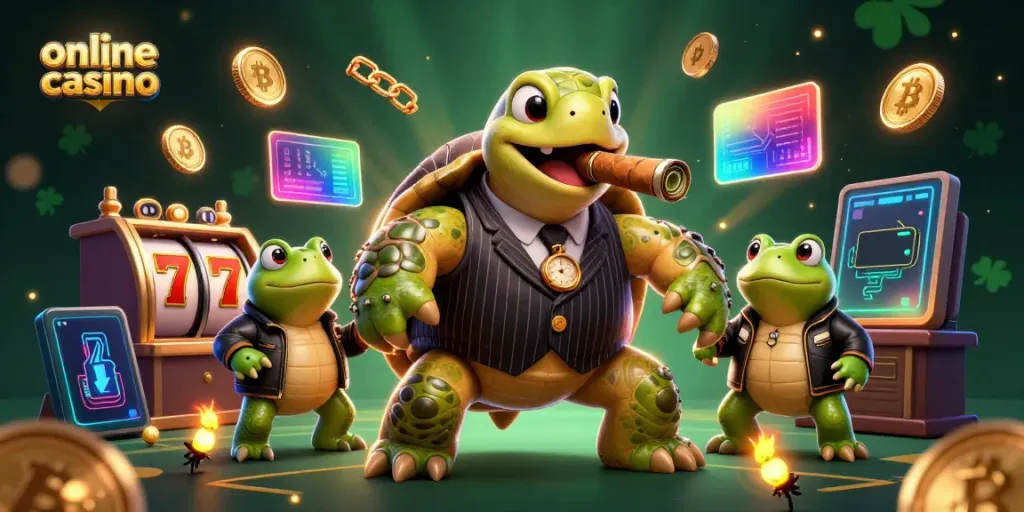 Experience excitement at the online casino with a vibrant illustration of a massive snapping turtle in mobster attire.