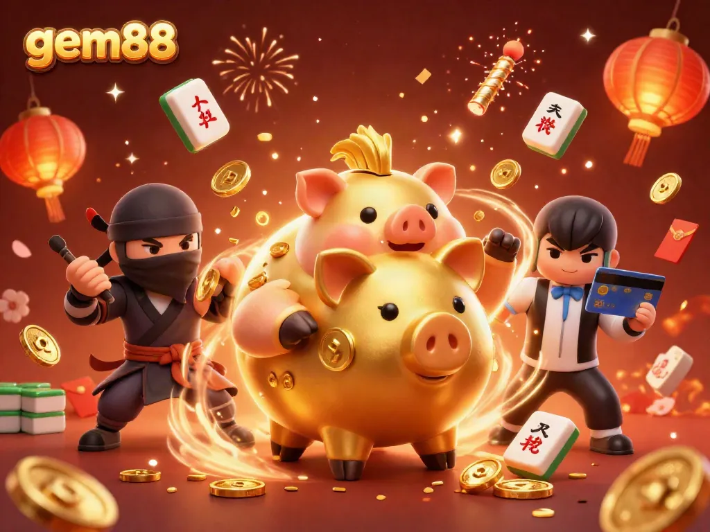 Experience gem88's vibrant world with animated characters celebrating gambling victories amidst festive decor.