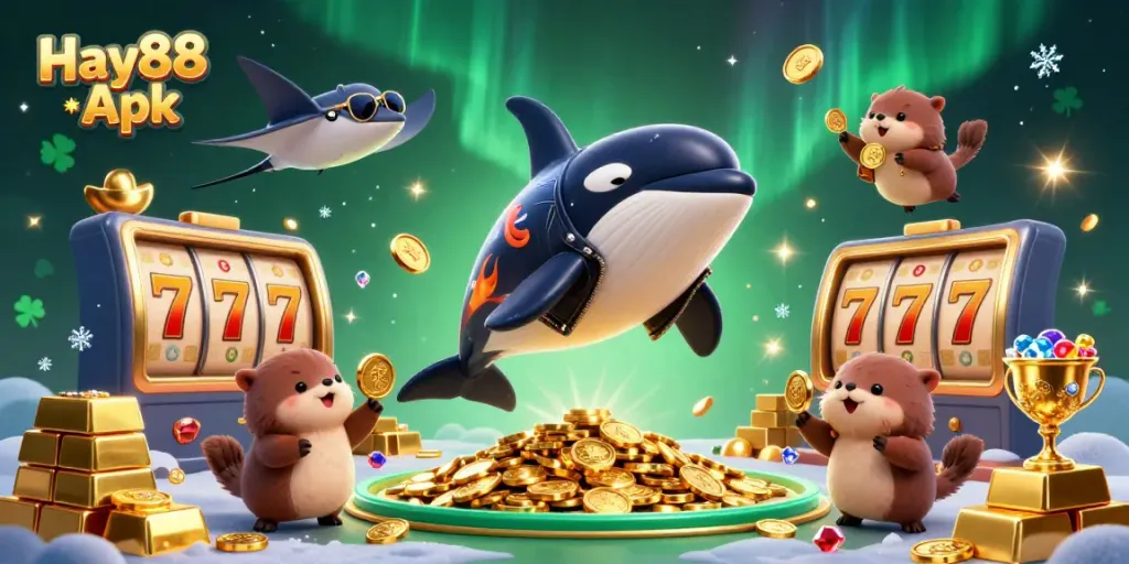 Experience thrilling gameplay with Hay88 Apk featuring an orca, stingray, and otters in a vibrant casino scene.