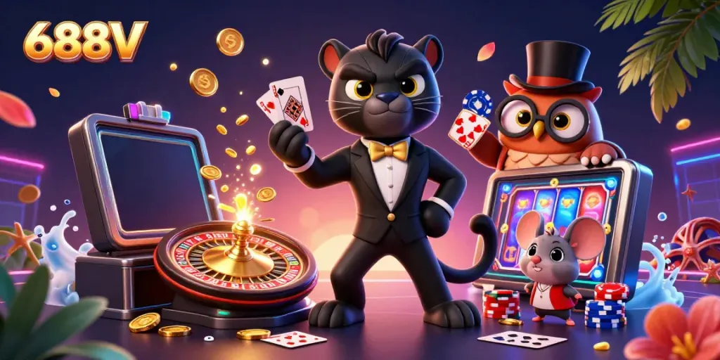 Engaging 688V casino scene featuring a stylish black panther dealing cards with a lucky owl and mouse among vibrant casino elements.
