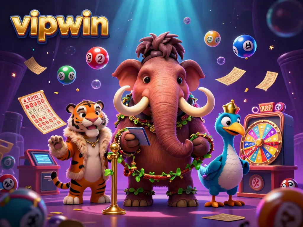 VIPWIN casino scene with 3D cartoon characters and dynamic lottery elements showcasing a vibrant gambling atmosphere.