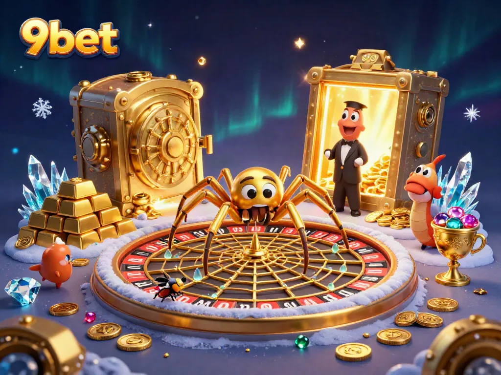 Experience the thrill of betting at 9bet with a golden spider and a roulette wheel in a vibrant casino scene.