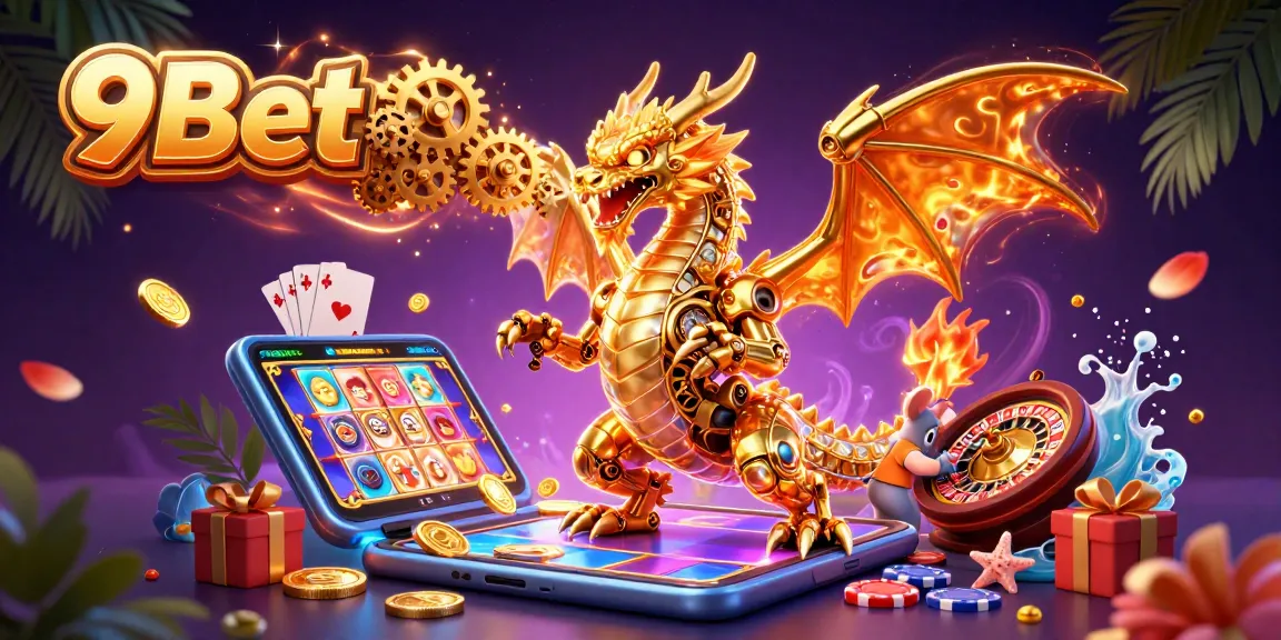 Experience thrilling gaming action at 9Bet with a golden dragon and vibrant casino elements.