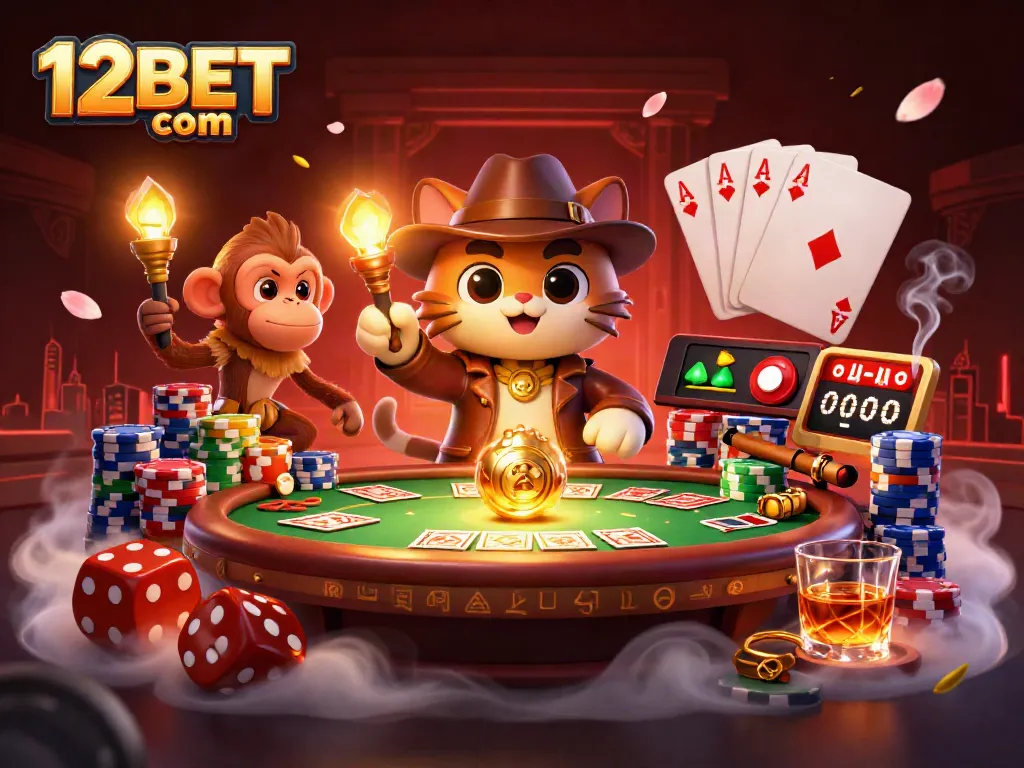 Experience the thrill of 12BET com with an explorer cat uncovering a golden casino artifact.