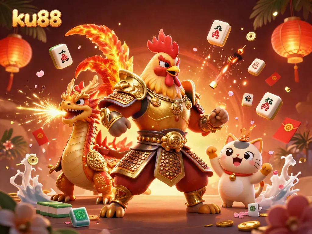 Engage with ku88's vibrant 3D casino world featuring a rooster warrior, dragon hatchling, and festive elements.