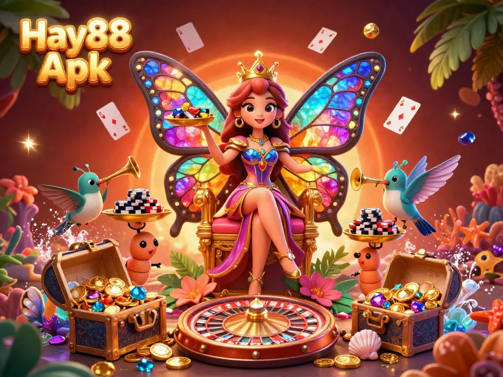 Engage with Hay88 Apk in a vivid, ultra-detailed casino scene filled with vibrant characters and gold-rich treasures.