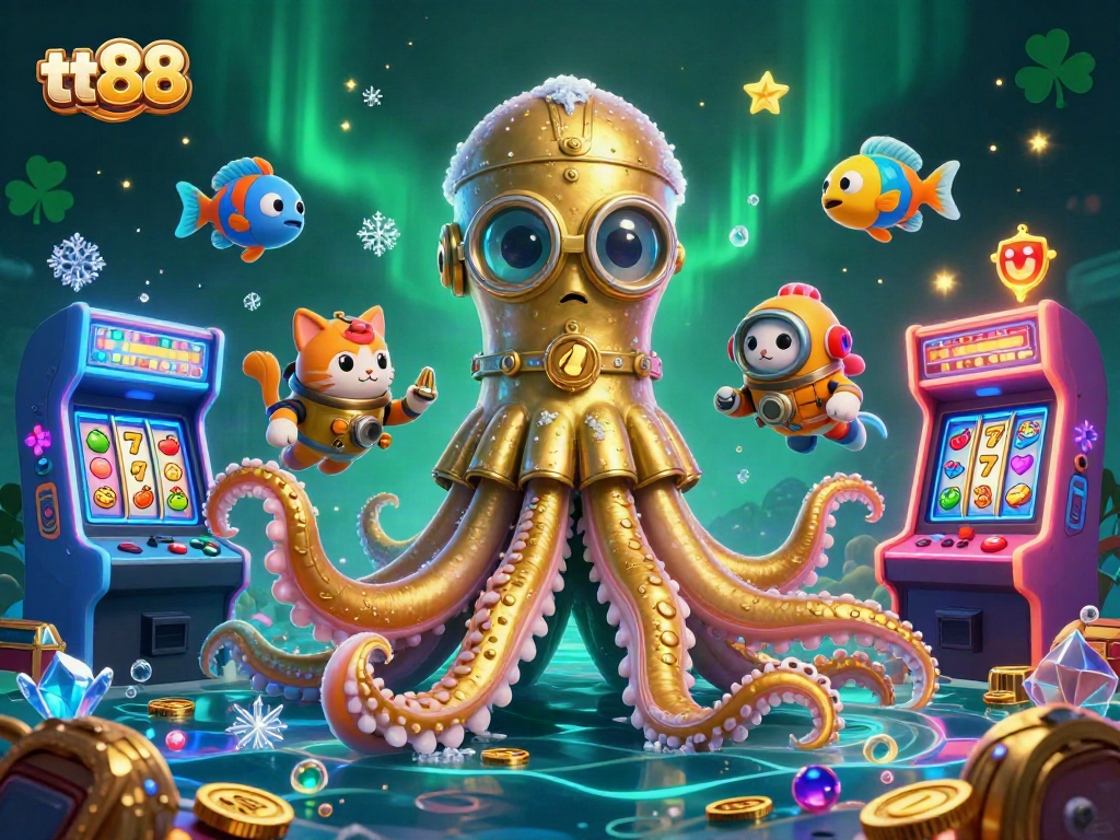 Engage with tt88 through a vibrant underwater gaming scene featuring a colorful kraken and retro arcade machines.