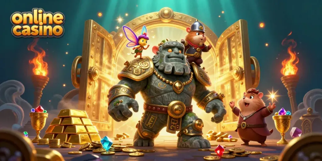 Engage with an enchanting scene at an online casino featuring a magical golem, fairy, and hamster knight.