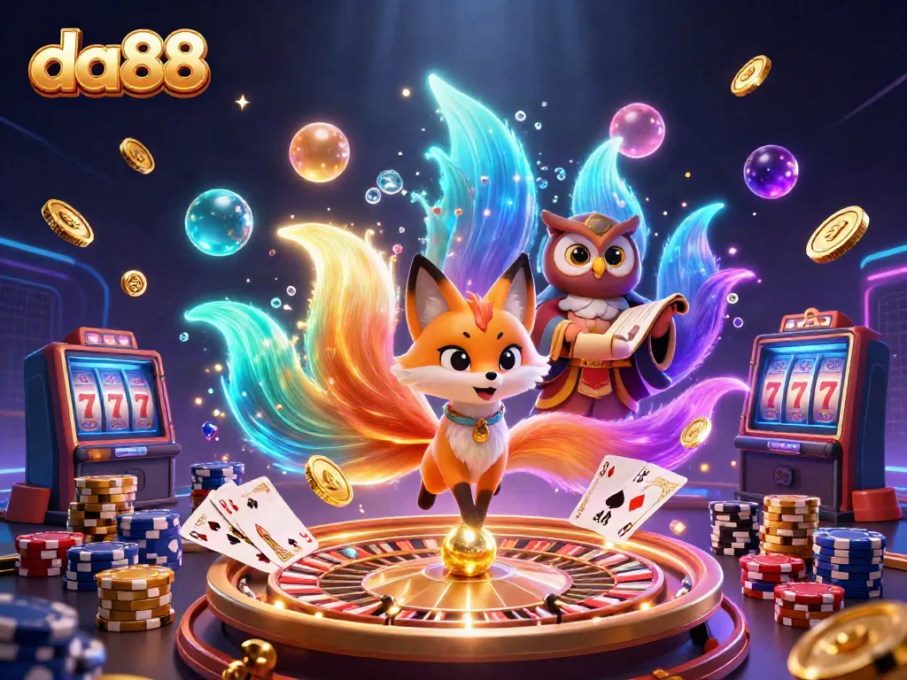 Experience da88's vibrant gaming world with colorful characters, coins, and casino elements.