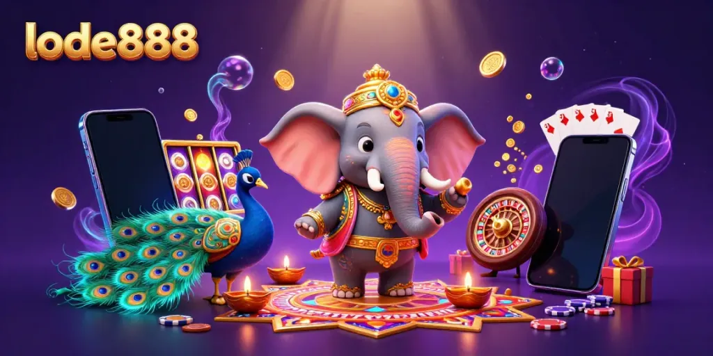 Experience the excitement of lode888 with a vibrant 3D illustration showcasing casino games and festive elements.