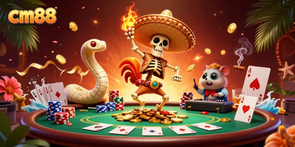 Experience the vibrant cm88 casino atmosphere with a 3D animated scene of celebrating characters and poker elements.