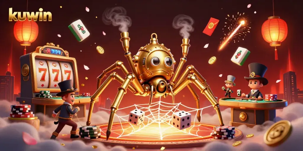 Kuwin showcases a dynamic steampunk scene featuring a spider trapping dice amidst casino elements.