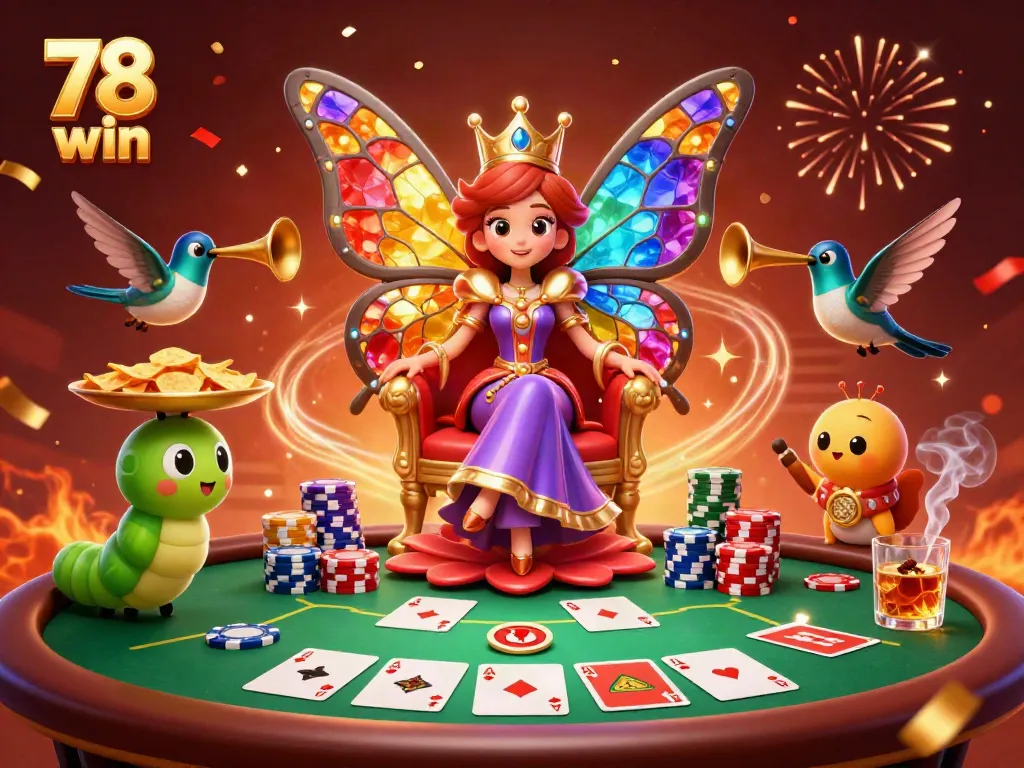 Engage with the vibrant casino world of 78 win as a butterfly queen presides over a thrilling poker scene.