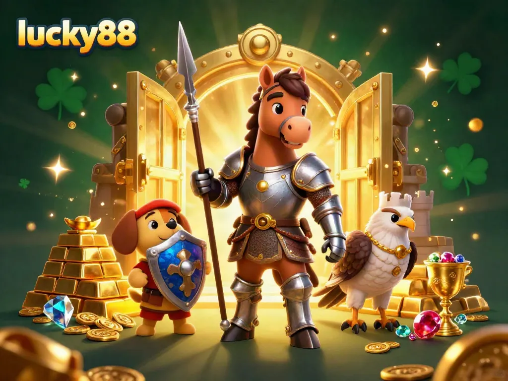 Experience the thrill of lucky88 with knights and treasures in a vibrant 3D casino scene.