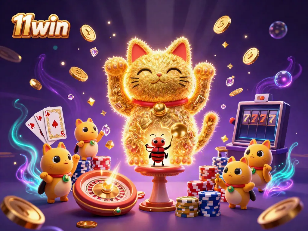 Engage with exciting casino symbols and lucky charms in a colorful 11win illustration.
