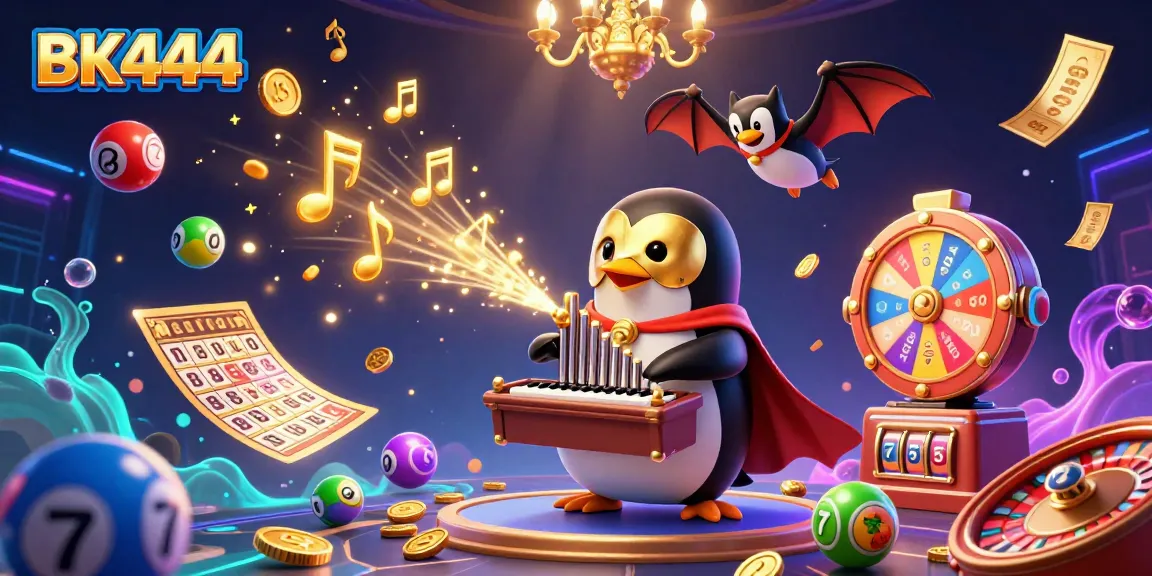 Experience excitement with BK444 as a cartoon penguin plays an organ shooting gold coins, surrounded by dynamic lottery elements.