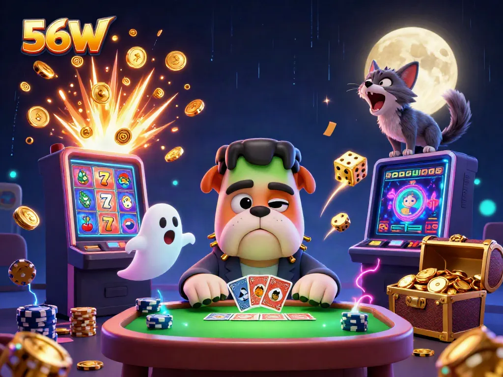 56W brings excitement with a monster dealer and vibrant casino elements in a stunning 3D scene.
